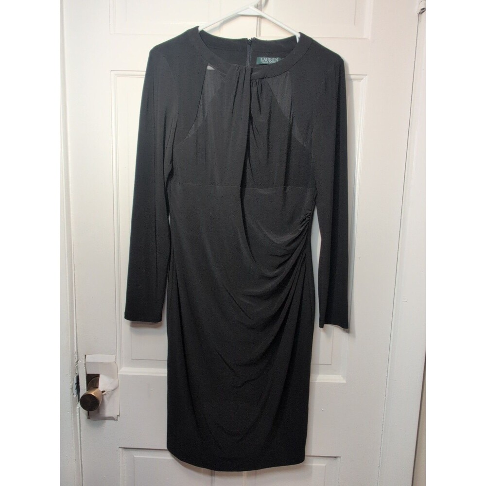 Ralph Lauren Classic Dress Black Sheer Long Sleeve Gathered Waist Sz 14